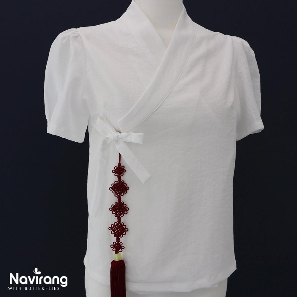 Modern Hanbok Blouse, Puff Sleeve Wrap Top, Korean Style Casual Shirt
