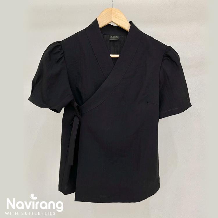 Modern Hanbok Blouse, Puff Sleeve Wrap Top, Korean Style Casual Shirt
