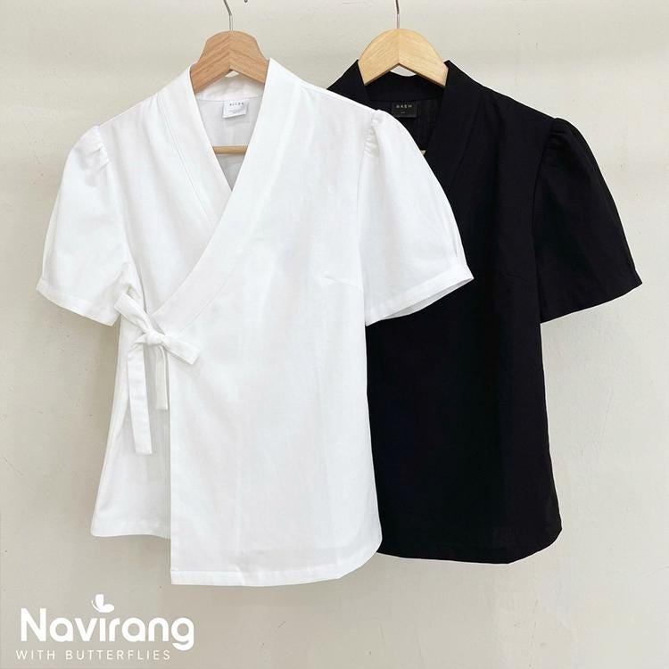 Modern Hanbok Blouse, Puff Sleeve Wrap Top, Korean Style Casual Shirt
