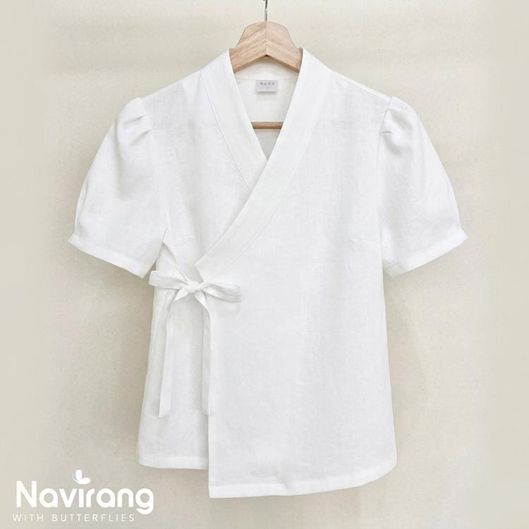 Modern Hanbok Blouse, Puff Sleeve Wrap Top, Korean Style Casual Shirt