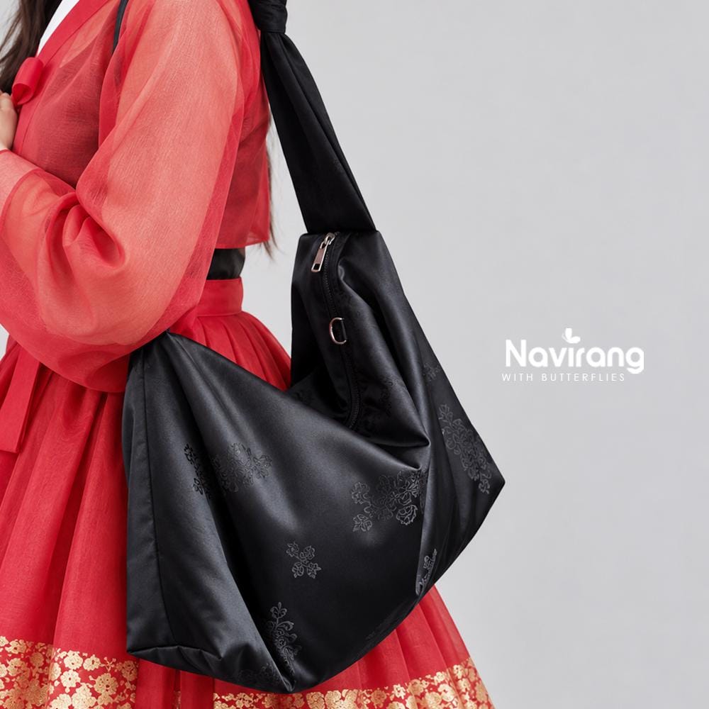 Hanbok Silk Bag with Free Norigae – Crossbody Bag Casual Hobo Bag Shoulder Bag, Korean Traditional Bojagi-Inspired, Black silk Fabric Bag