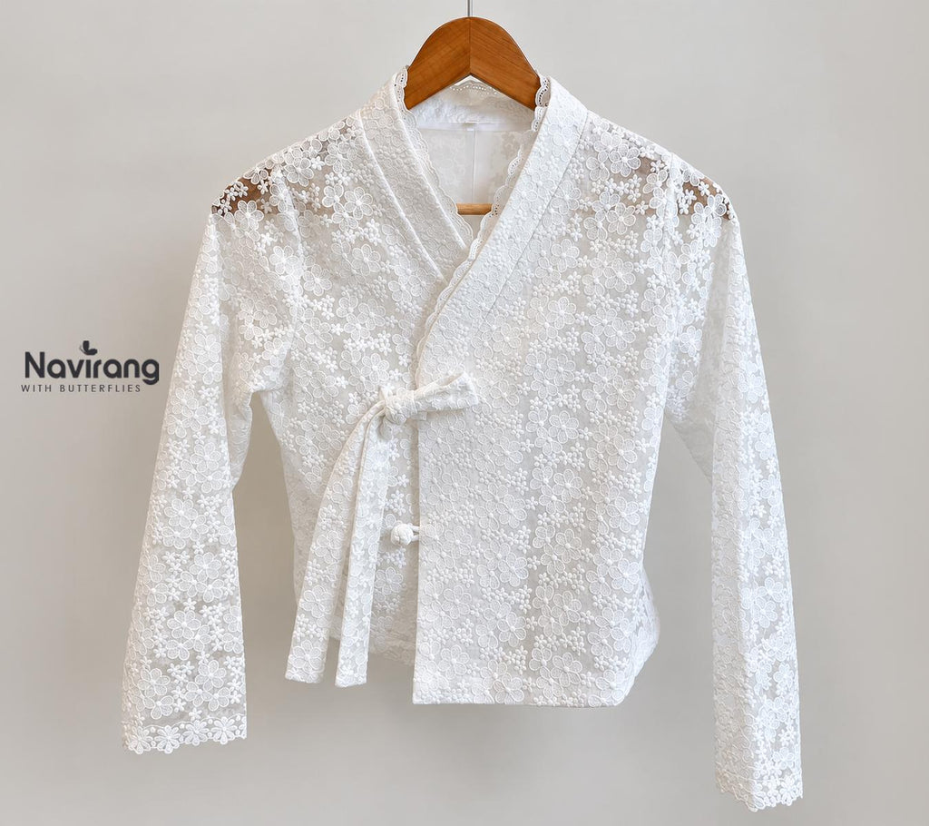 Korean Lace Jeogori Blouse, Modern Hanbok Top, Sheer Floral Jacket, Women’s Hanbok Shirt