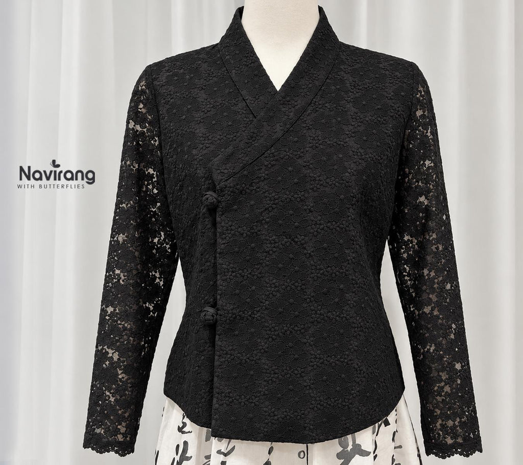 Korean Lace Jeogori Blouse, Modern Hanbok Top, Sheer Floral Jacket, Women’s Hanbok Shirt