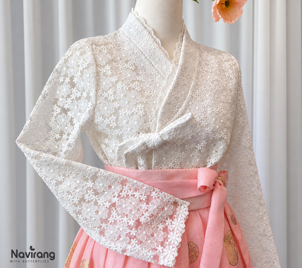 Korean Lace Jeogori Blouse, Modern Hanbok Top, Sheer Floral Jacket, Women’s Hanbok Shirt