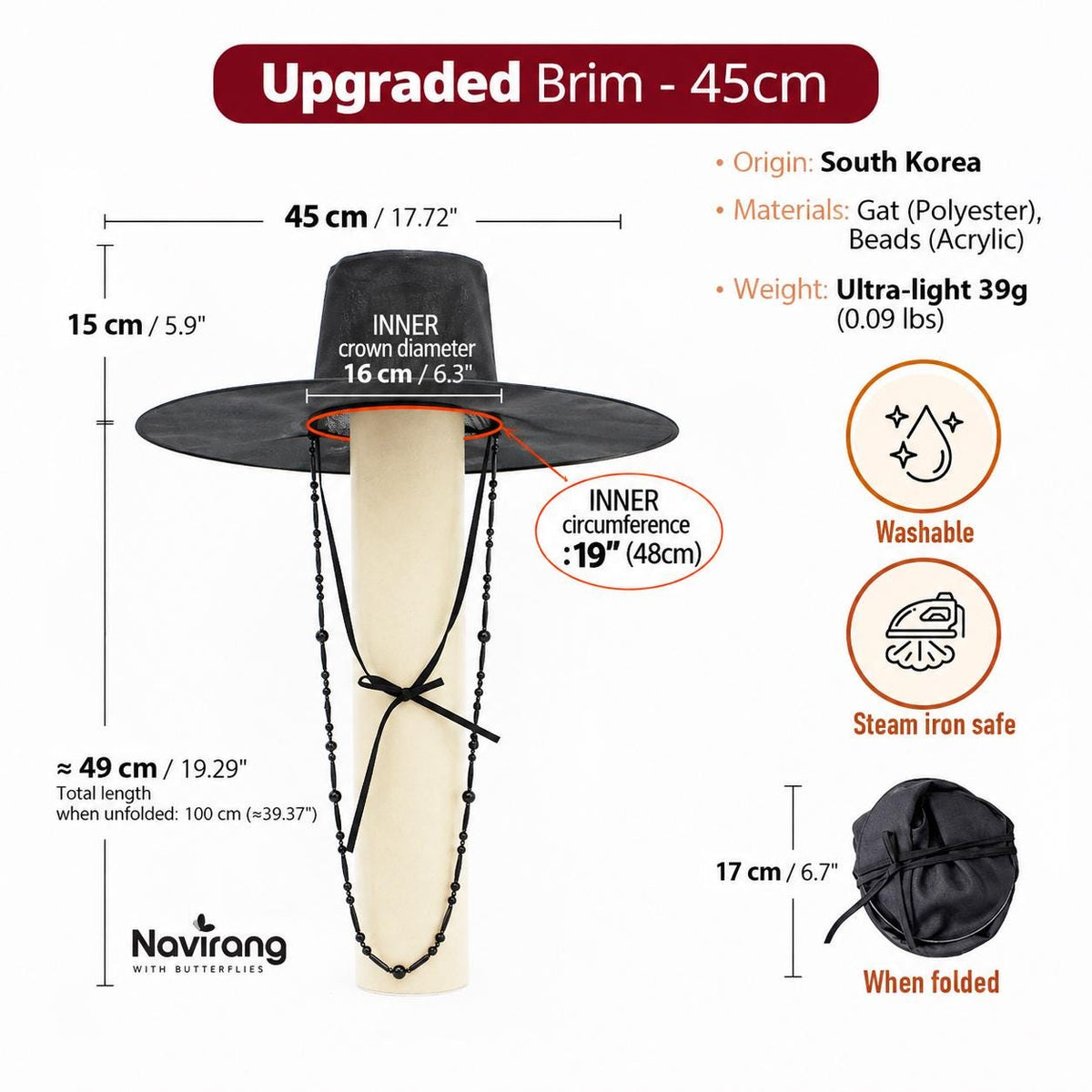 Foldable Gat with Beads String / Korean Traditional Hat – Lightweight Wire Frame, Cosplay K-Pop Boys