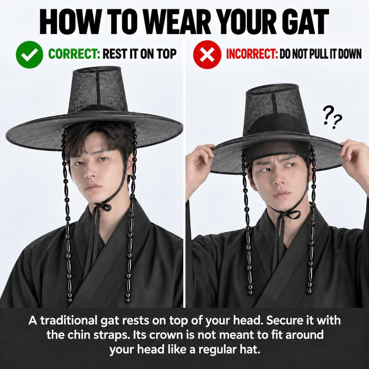 Foldable Gat with Beads String / Korean Traditional Hat – Lightweight Wire Frame, Cosplay K-Pop Boys