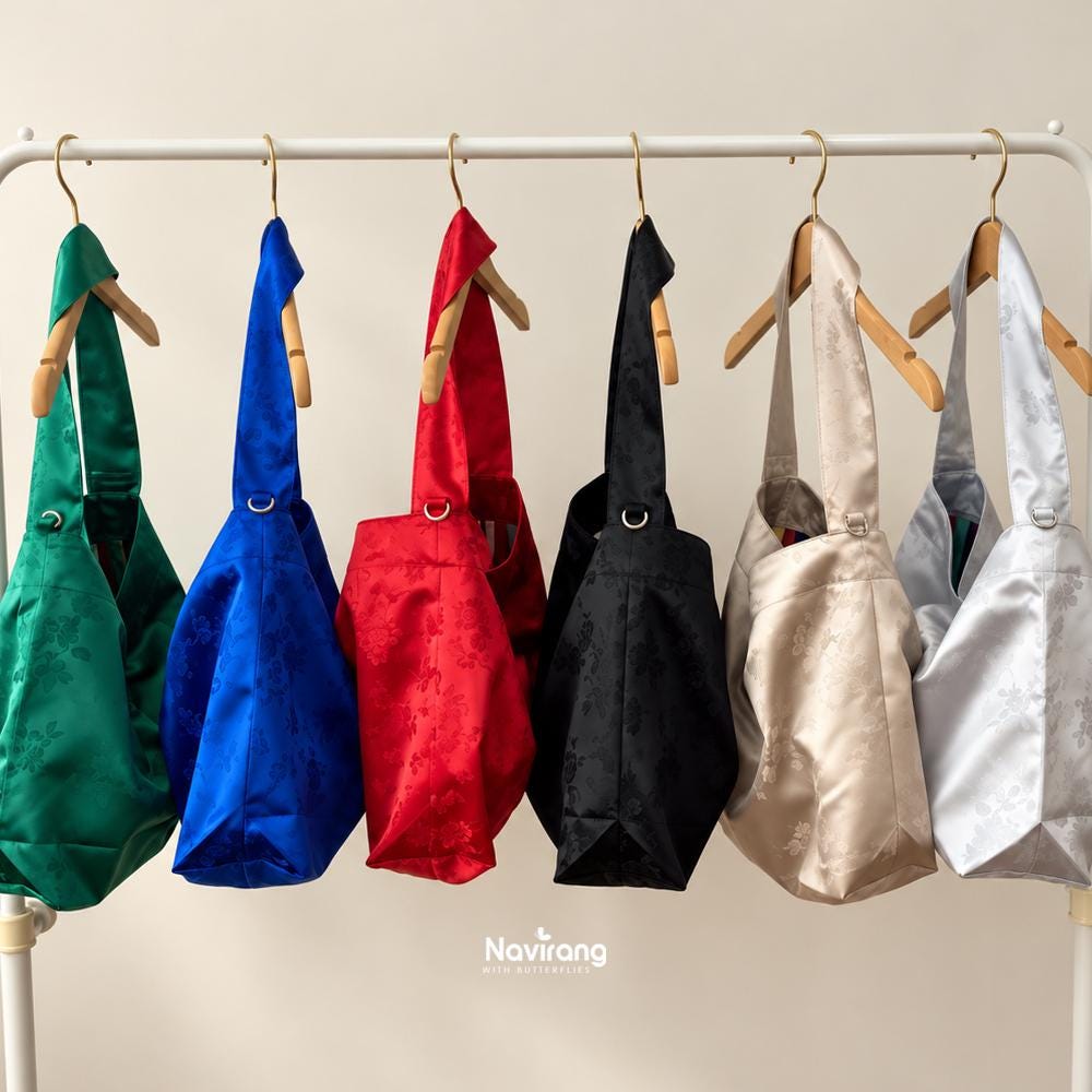 Hanbok Silk Bag with Norigae – Casual Shoulder Hobo Bag, Korean Traditional Saekdong Lining