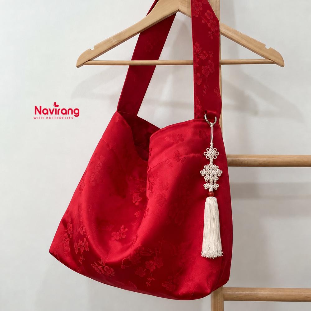 Hanbok Silk Bag with Norigae – Casual Shoulder Hobo Bag, Korean Traditional Saekdong Lining