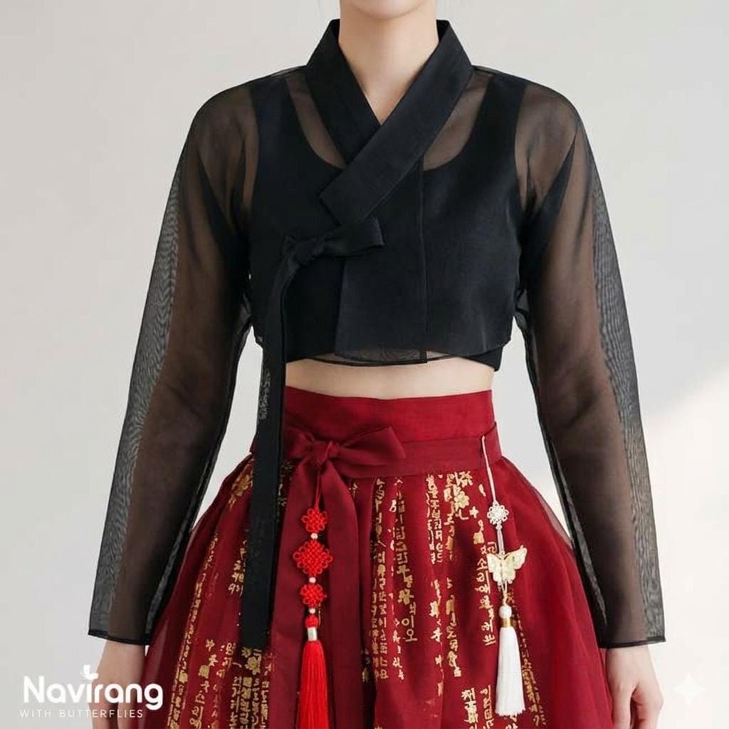 Hanbok Jeogori, Short Length Sheer Wrap Jacket, See Through Korean Crop Blouse, Organza Top for Women