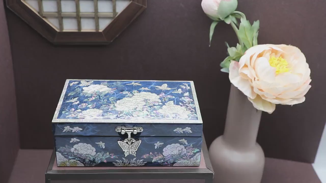 PEONY Jewelry Box - Small, Blue jean | Korean traditional mother-of-pearl, Premium Handmade, Gift for Mom, Girlfriend, Women, Girl