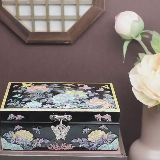 PEONY Jewelry Box - Small, Colorful, Black | Korean traditional mother-of-pearl, Premium Handmade, Gift for Mom, Girlfriend, Women, Girl