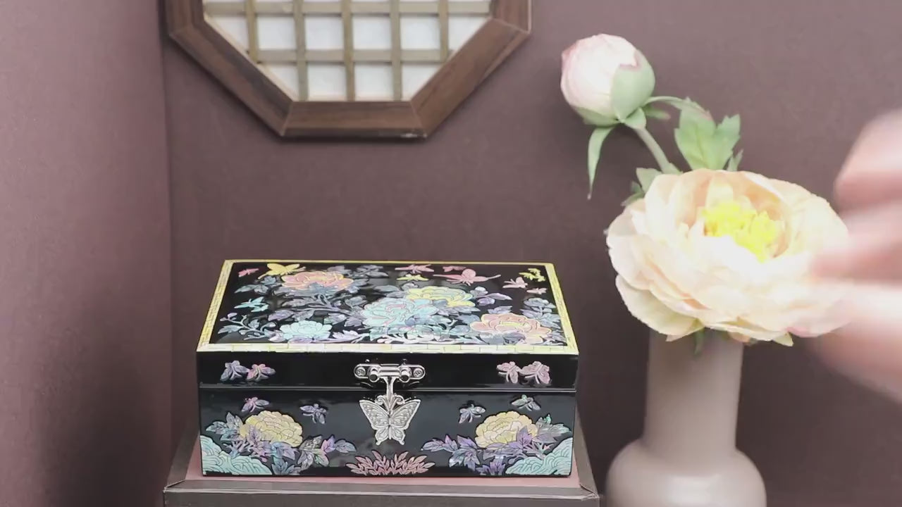 PEONY Jewelry Box - Small, Colorful, Black | Korean traditional mother-of-pearl, Premium Handmade, Gift for Mom, Girlfriend, Women, Girl